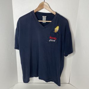 Vintage Looney Tunes T-Shirt, Womens Large, Blue, V-Neck Moody Chick Tweety Bird